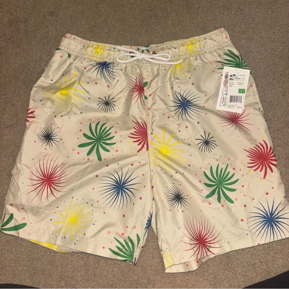 US Surf Club Men's Beige Firework Print Swim Trunks Large